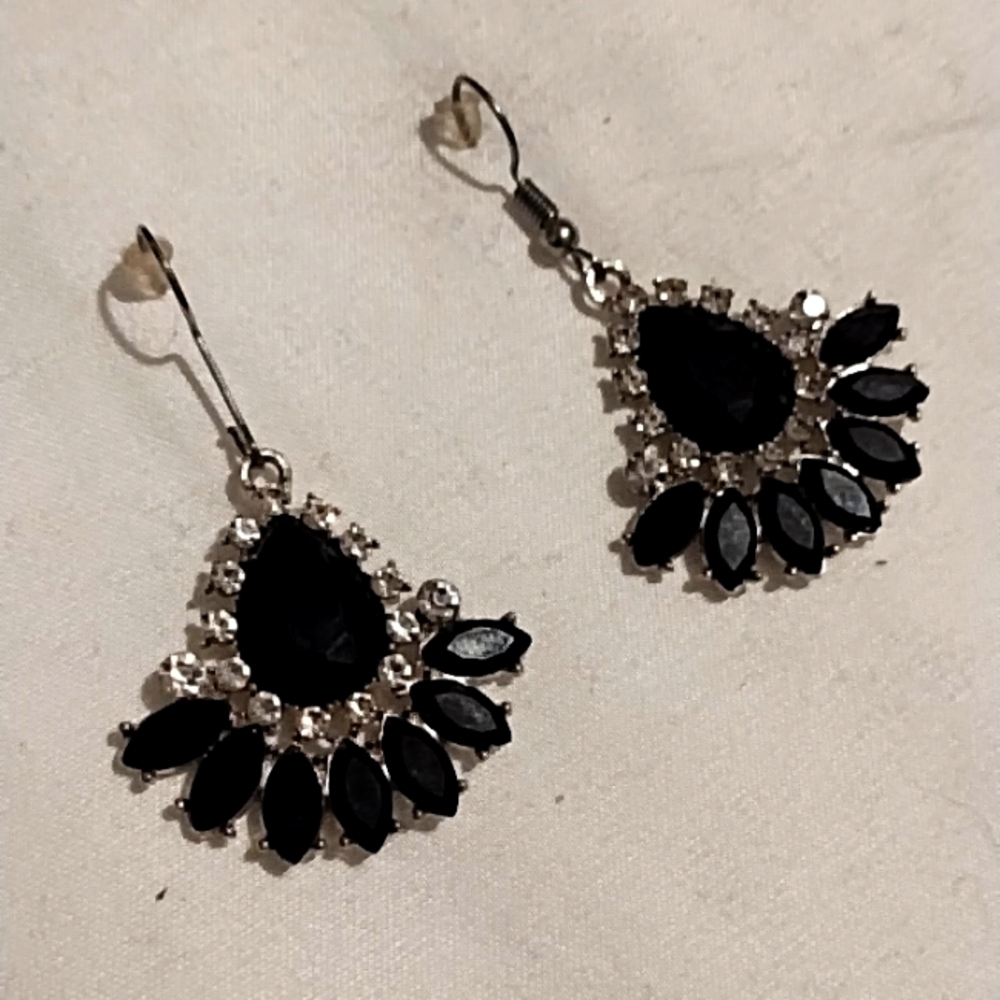 CZ Large Black Pear Shape Dangle Earrings